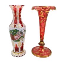 TWO BOHEMIAN GLASS VASES WITH GOLD GILDED RED ACCENT, 19TH CENTURY