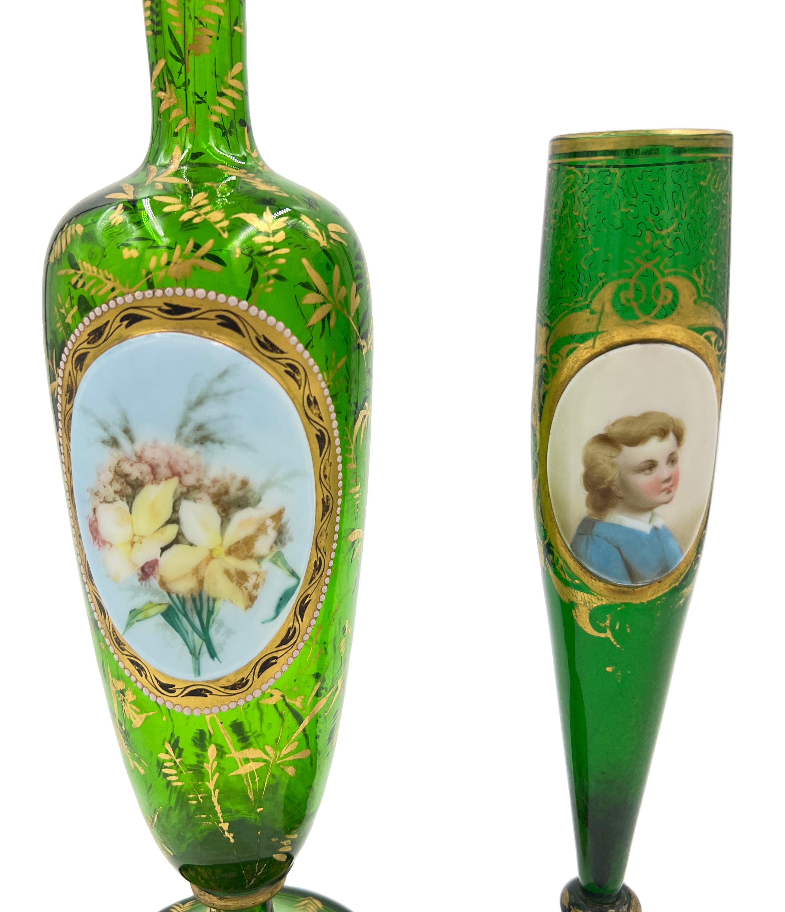 TWO BOHEMIAN GLASS VASES WITH HAND PAINTED OVAL PLAQUES, 19TH CENTURY - Image 3 of 3