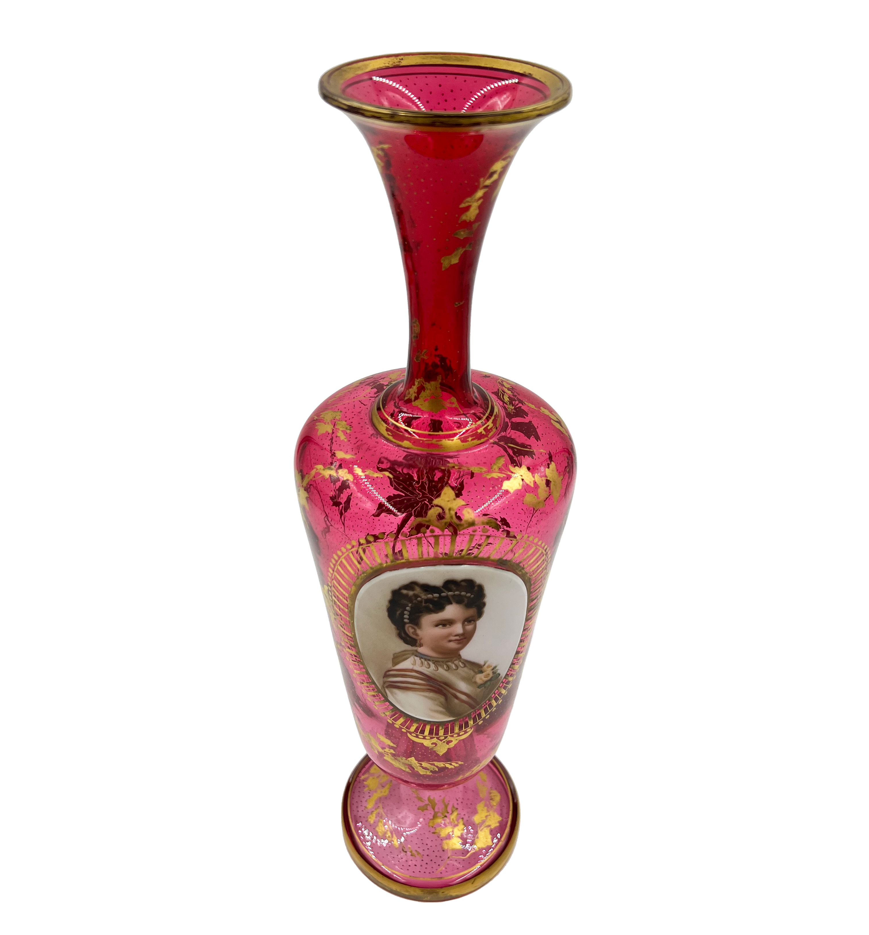 LARGE 19TH CENTURY BOHEMIAN GLASS VASE WITH GOLD GILDING AND HAND PAINTED PORCELAIN PLAQUE - Image 3 of 3