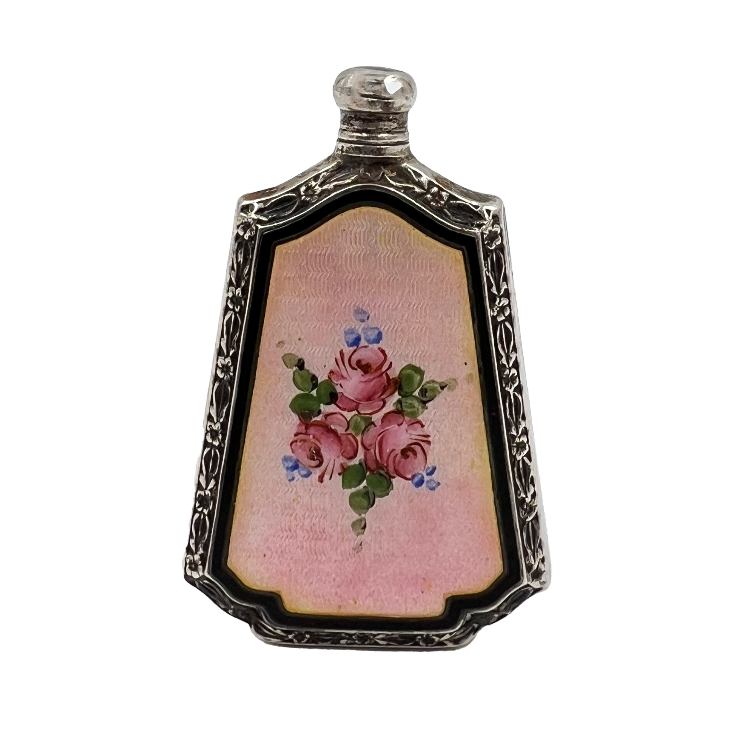 A CONTINENTAL STERLING SILVER AND ENAMEL SCENT BOTTLE.