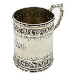 A SMALL VICTORIAN SILVER CHRISTENING TANKARD WITH DECORATION TO UPPER RIM AND BASE, LONDON, 1883