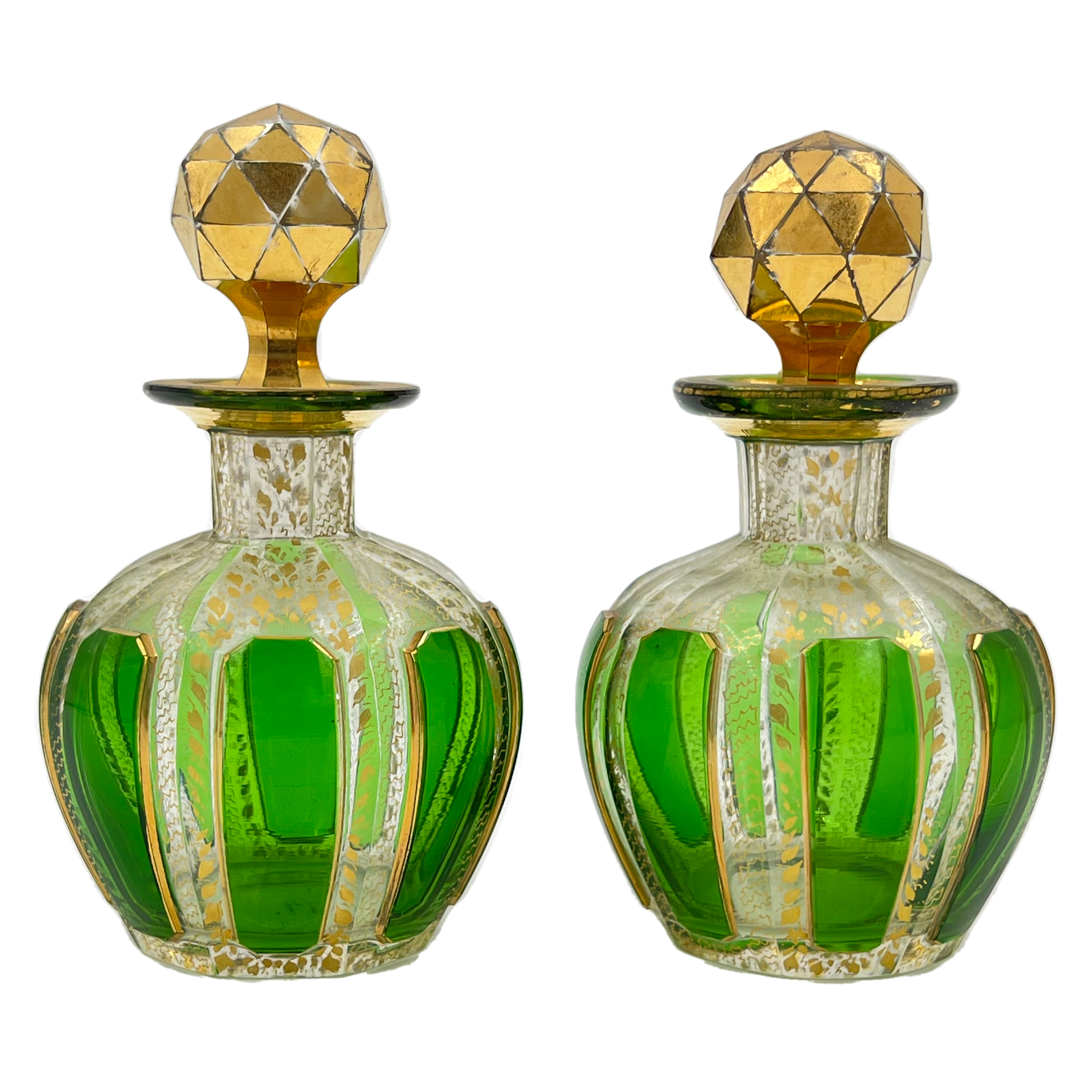 PAIR OF GREEN BOHEMIAN GLASS PERFUME BOTTLES