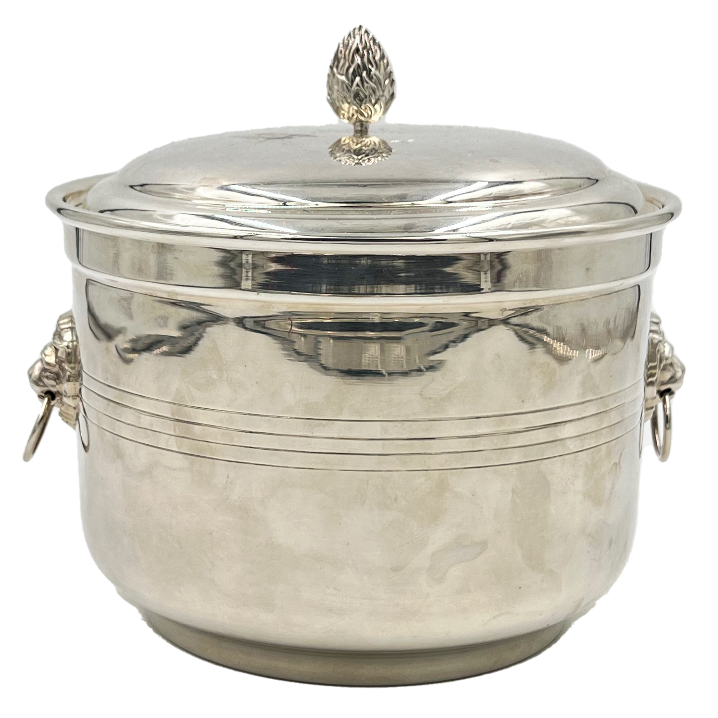 A LARGE SILVER LIDDED ICE BUCKET CONTAINER WITH A BUD FINIAL ON THE LID, BIRMINGHAM, 1988