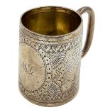 A SMALL SILVER VICTORIAN CHRISTENING MUG WITH BRIGHT CUT DECORATION TO BODY, BIRMINGHAM, 1893