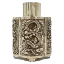 A CHINESE SILVER TEA CADDY WITH BAMBOO AND OTHER TYPICAL ORIENTAL DECORATION, WANG HING, CIRCA 1900