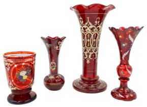 RUBY SYMPHONY: GROUP OF BOHEMIAN GLASS VASES AND CUP