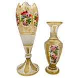 TWO BOHEMIAN GLASS OVERLAY VASES, EXQUISITE HAND-PAINTED PANELS OF FLOWERS AND FOLIAGE,19TH CENTURY