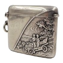A SILVER VESTA CASE WITH AN IMAGE OF A GENTLEMAN AND A LADY IN A CARRIAGE, BIRMINGHAM, 1907