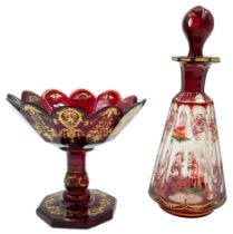 GILDED BOHEMIAN GLASS TAZZA AND BOTTLE
