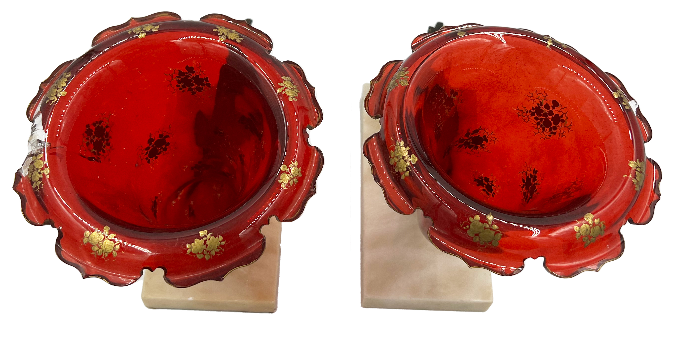 PAIR OF RARE BOHEMIAN RUBY GLASS CORNUCOPIA VASES - Image 4 of 5