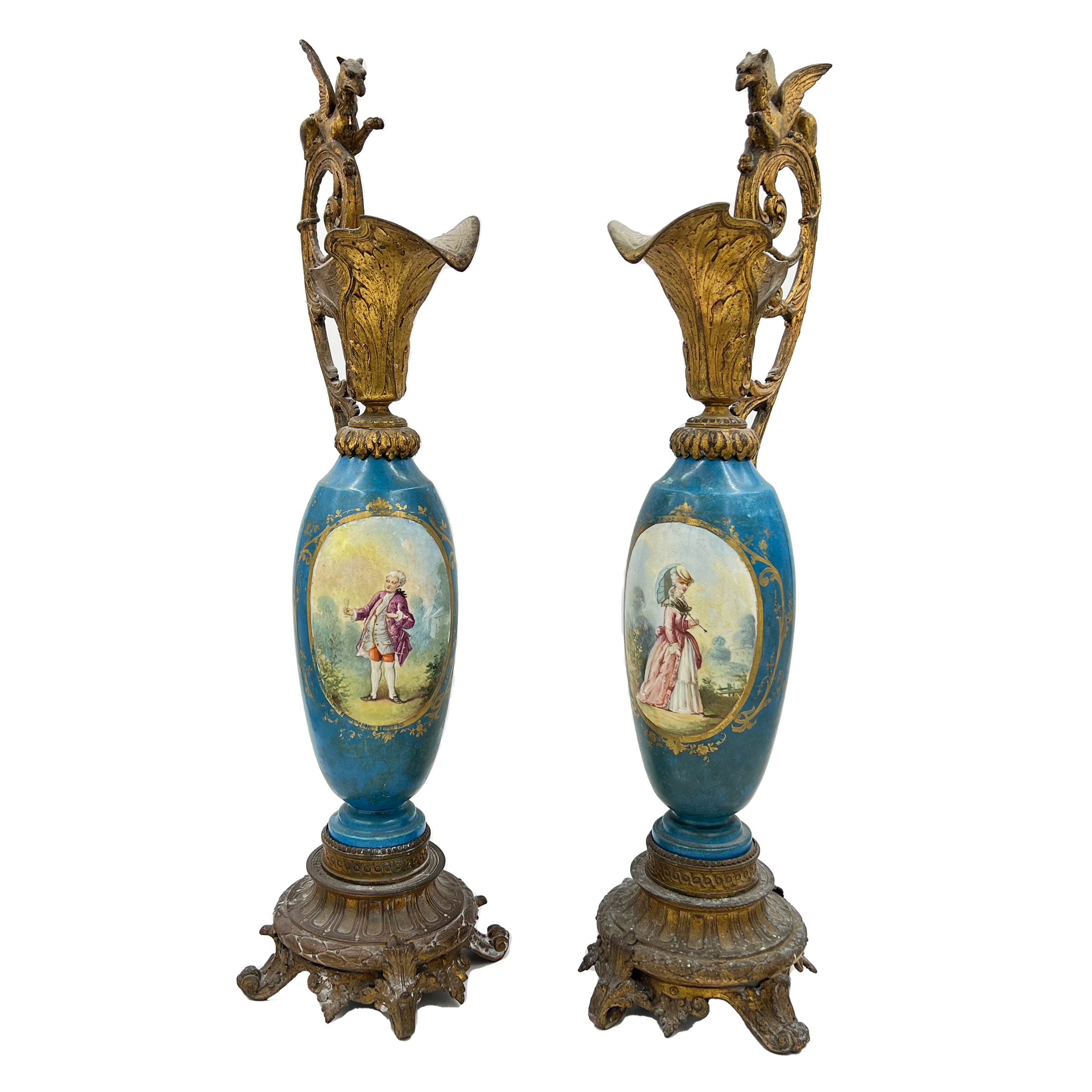PAIR OF SEVRES STYLE PORCELAIN WITH METAL MOUNTING EWER/VASES