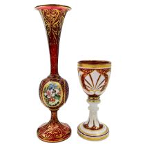 FLORAL RADIANCE – HAND-PAINTED BOHEMIAN RUBY GLASS VASE AND GOBLETS, 19TH CENTURY
