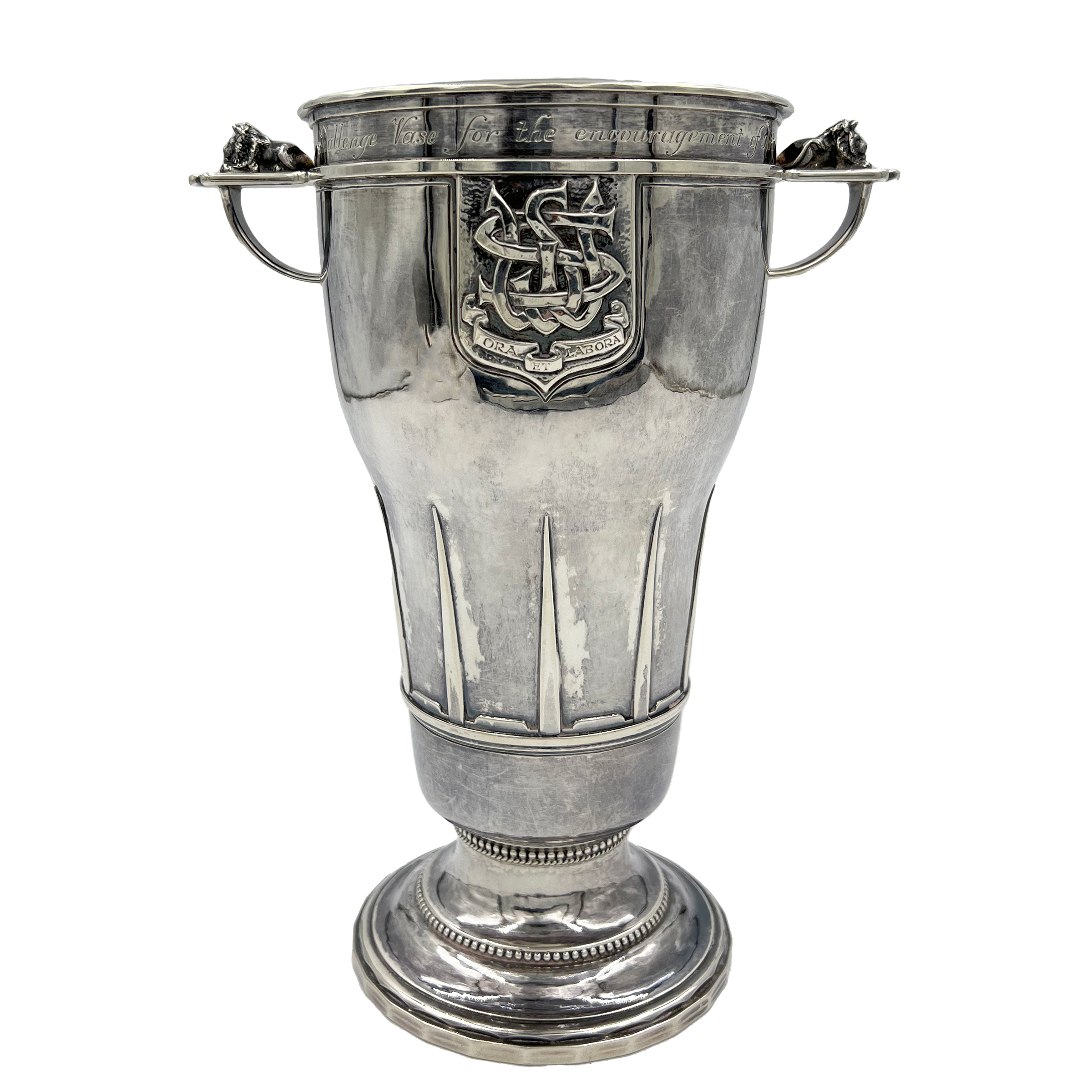 A GOOD SIZED SILVER TWO HANDLED VASE BY THE GUILD OF HANDICRAFTS, LONDON, 1938