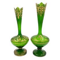 REGAL GREEN AND GOLD – TWO BOHEMIAN GLASS VASES