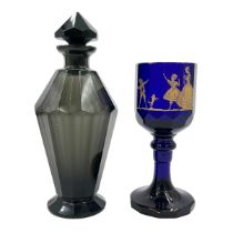 BLACK BOHEMIAN GLASS VASE AND BLUE GOBLET