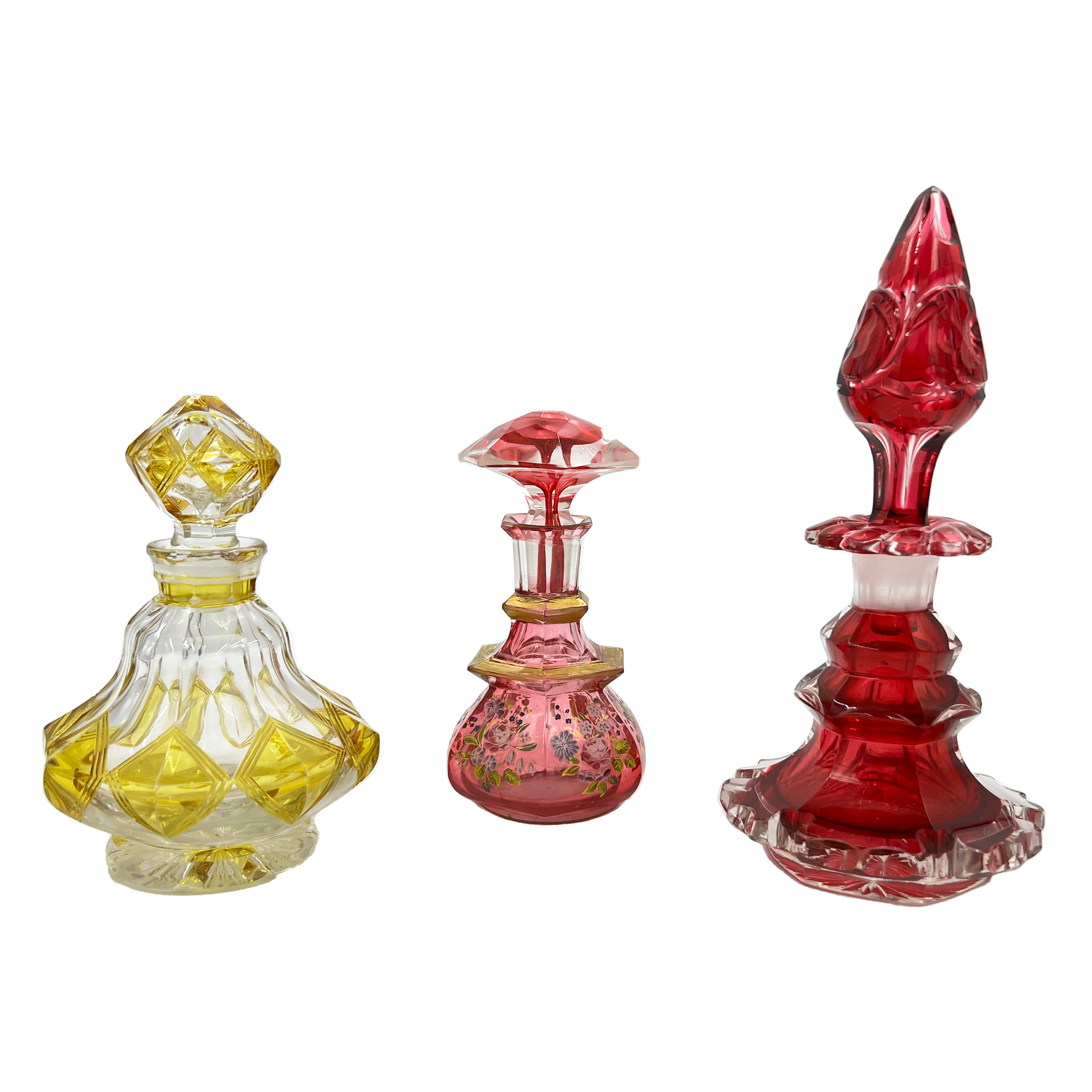 THREE BOHEMIAN GLASS PERFUME BOTTLES