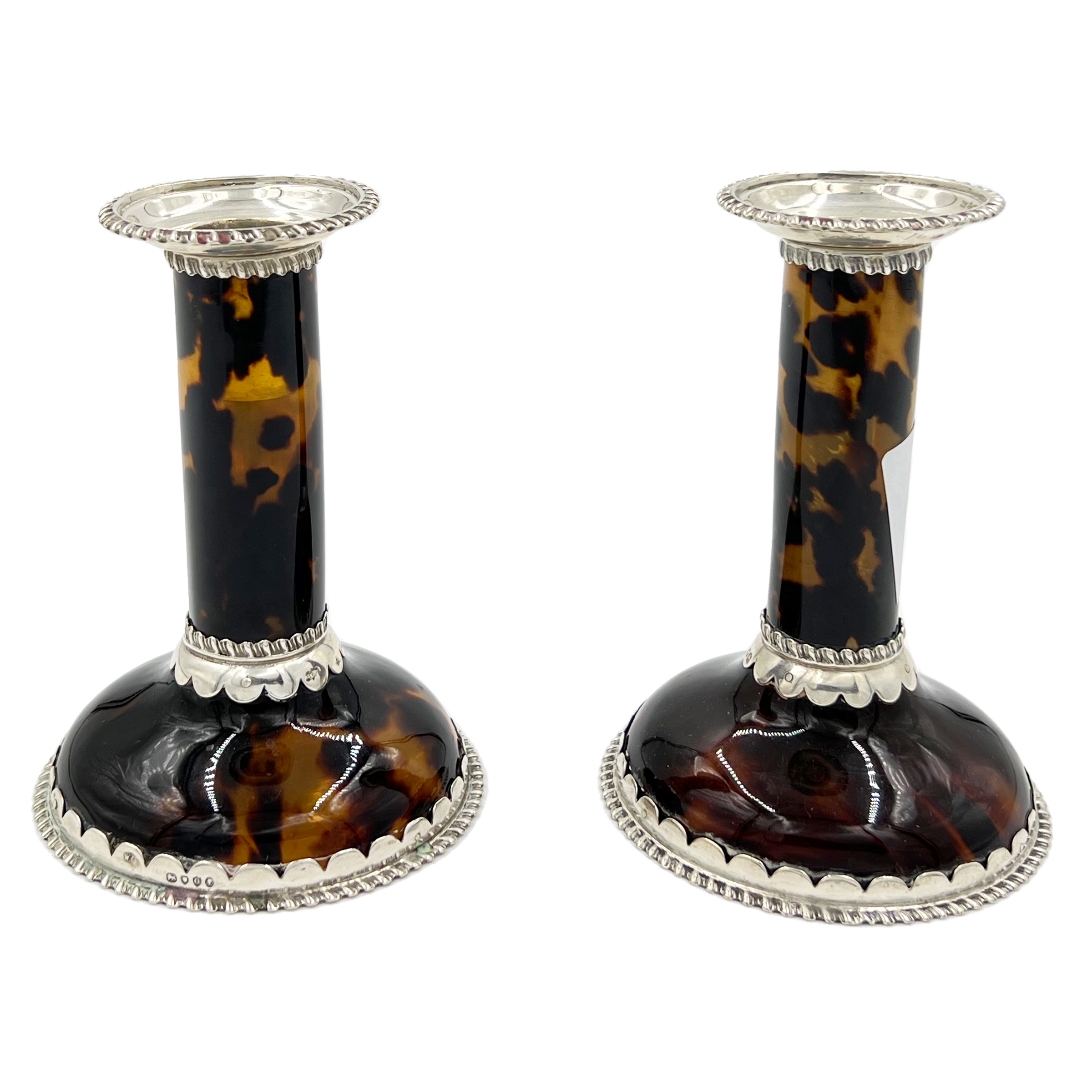 A FINE PAIR OF SILVER MOUNTED TORTOISESHELL CANDLESTICKS, LONDON, WILLIAM COMYNS, 1889