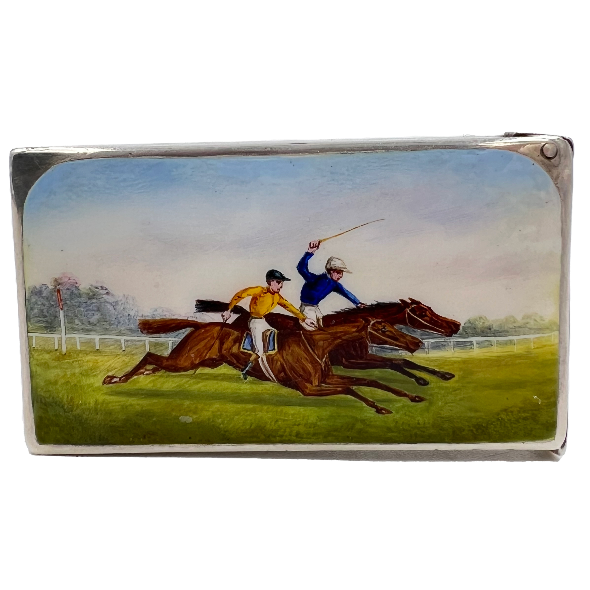A SILVER AND ENAMEL VESTA CASE DEPICTING TWO RACEHORSES IN FULL SPRINT, LONODN, GEORGE HEATH, 1884 - Image 2 of 6