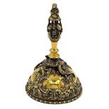 A STUNNING SILVER GILT TABLE BELL WITH INTRICATE EMBOSSED DECORATION, LONDON, GARRAD &CO, 1987