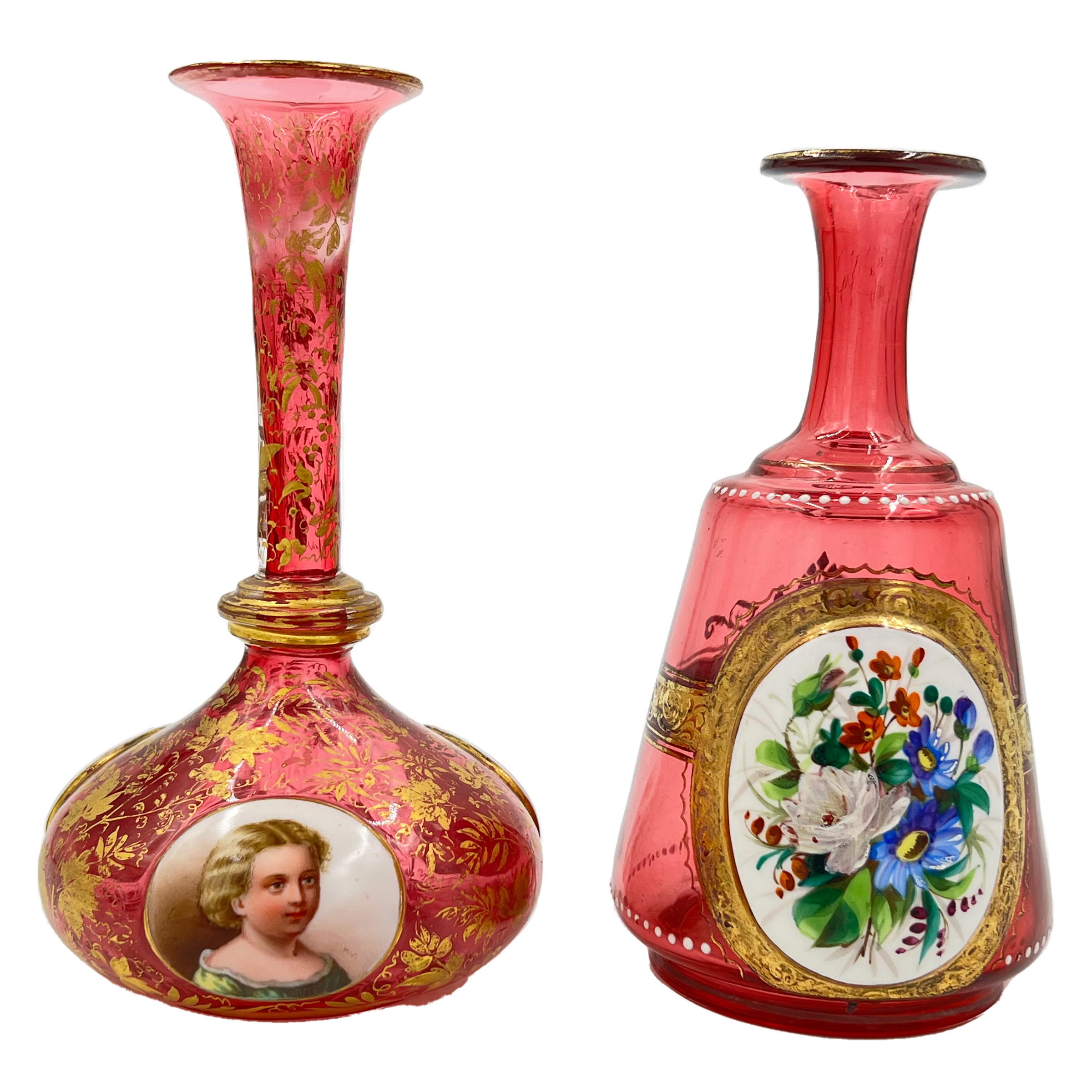 TWO RED BOHEMIAN GLASS VASES WITH OVAL PLAQUES, 19TH CENTURY