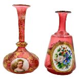 TWO RED BOHEMIAN GLASS VASES WITH OVAL PLAQUES, 19TH CENTURY