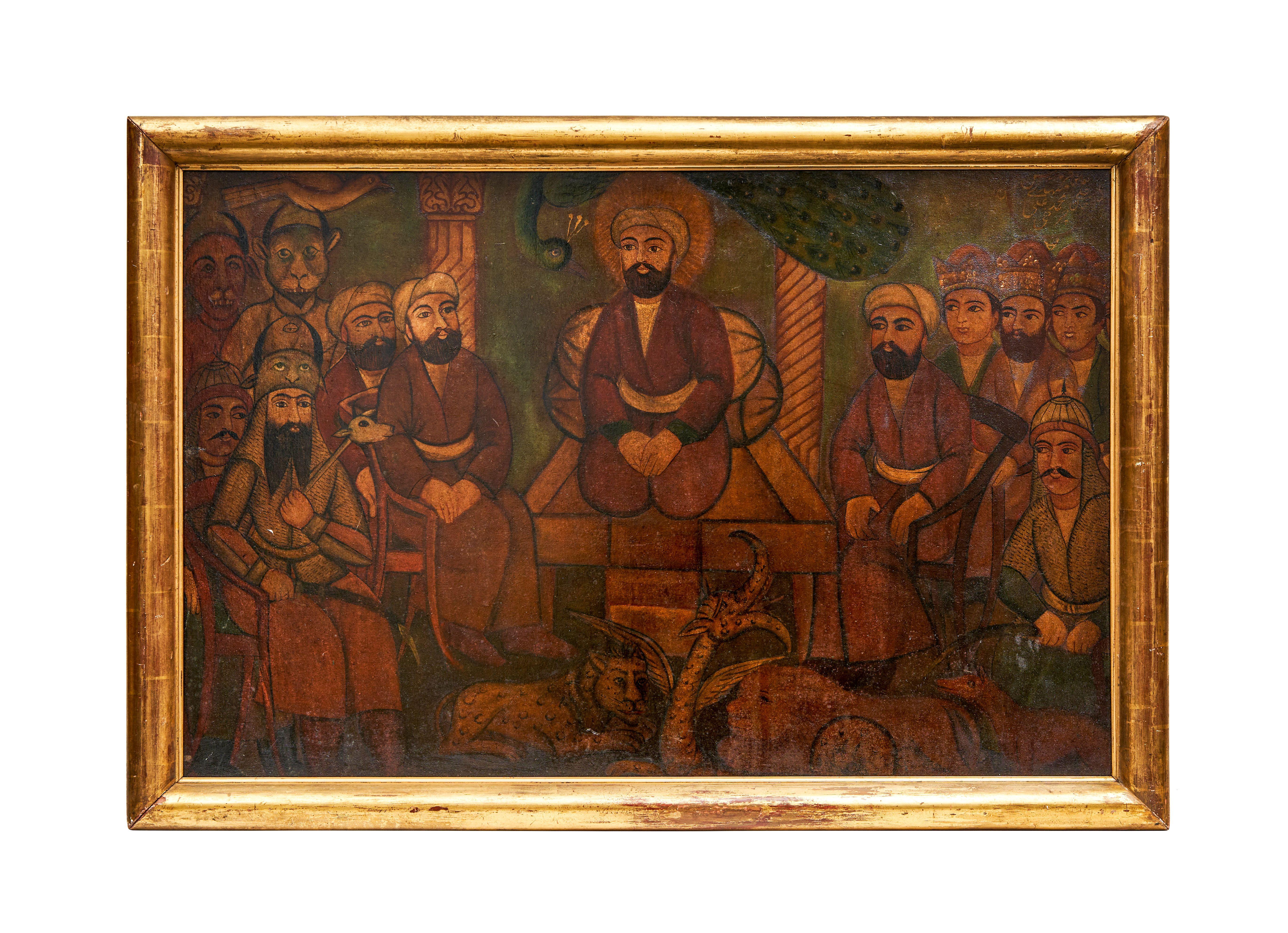 OIL ON CANVAS QAJAR PAINTING DEPICTING A SEATED HOLY MAN, 19TH/20TH CENTURY