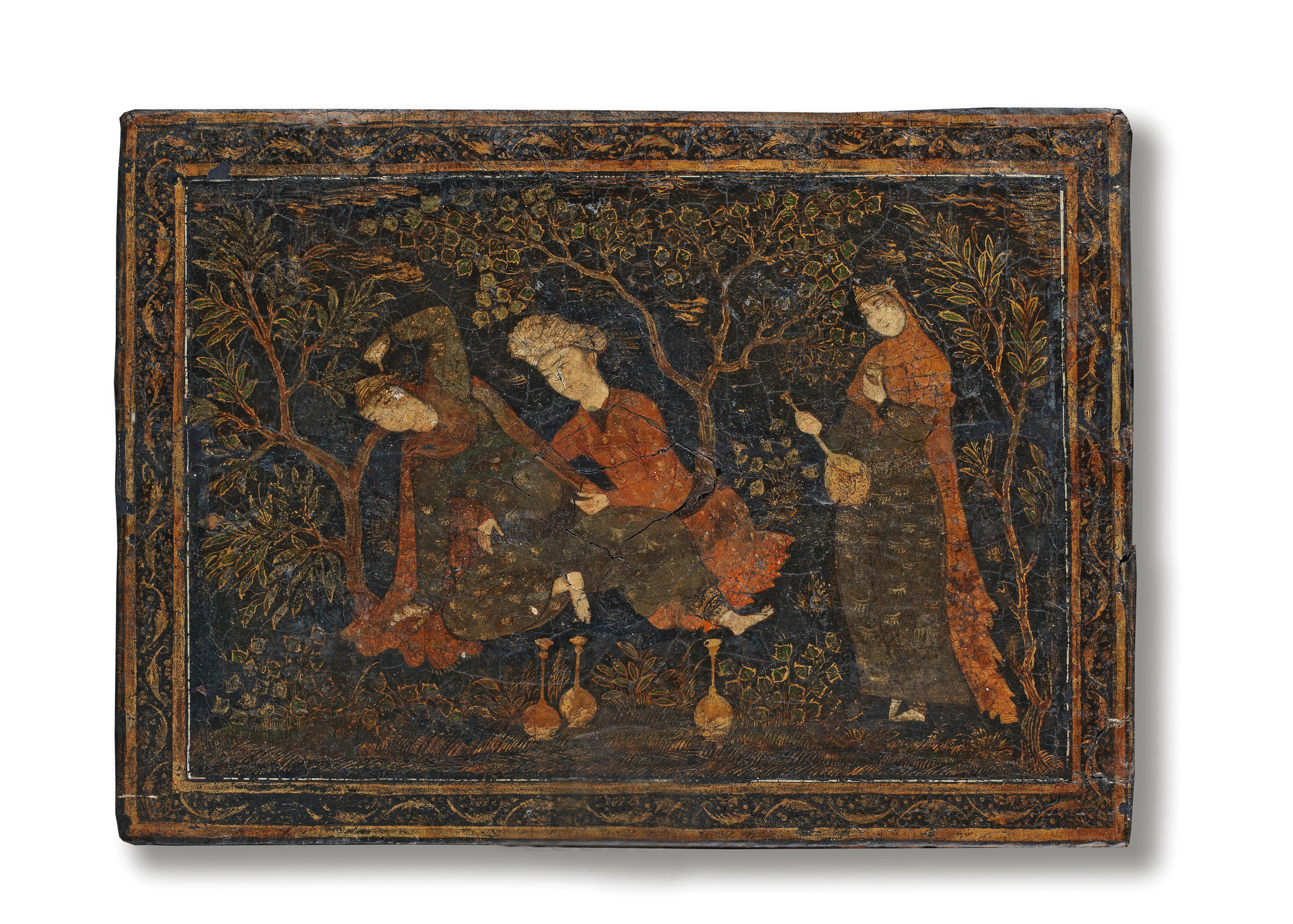 SAFAVID PAINTED LACQUER PANEL, PERSIA, PERHAPS ISFAHAN, SECOND HALF OF THE 17TH CENTURY