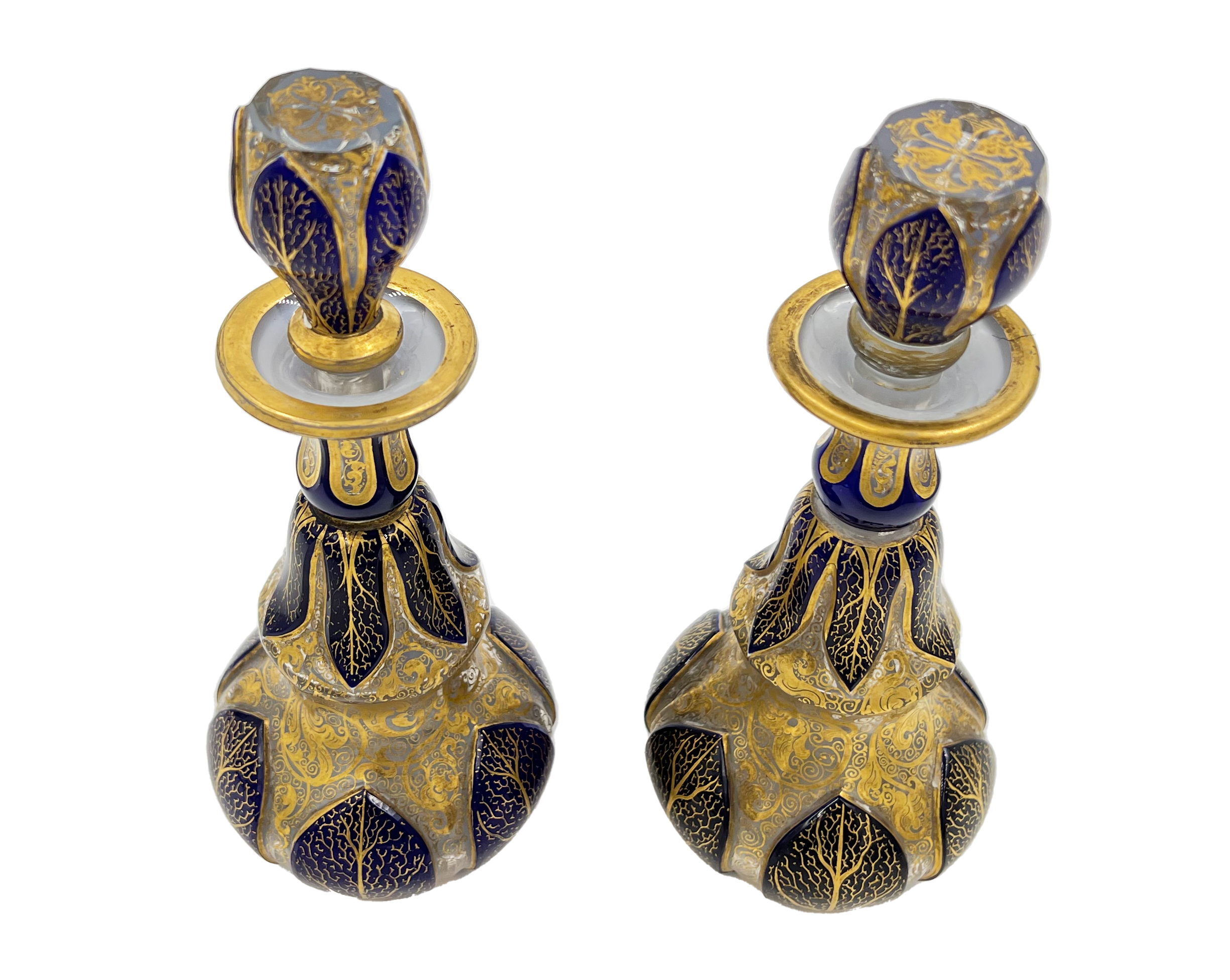 TWO BOHEMIAN GLASS PERFUME BOTTLES WITH BLUE AND GOLD GILDING - Image 2 of 2