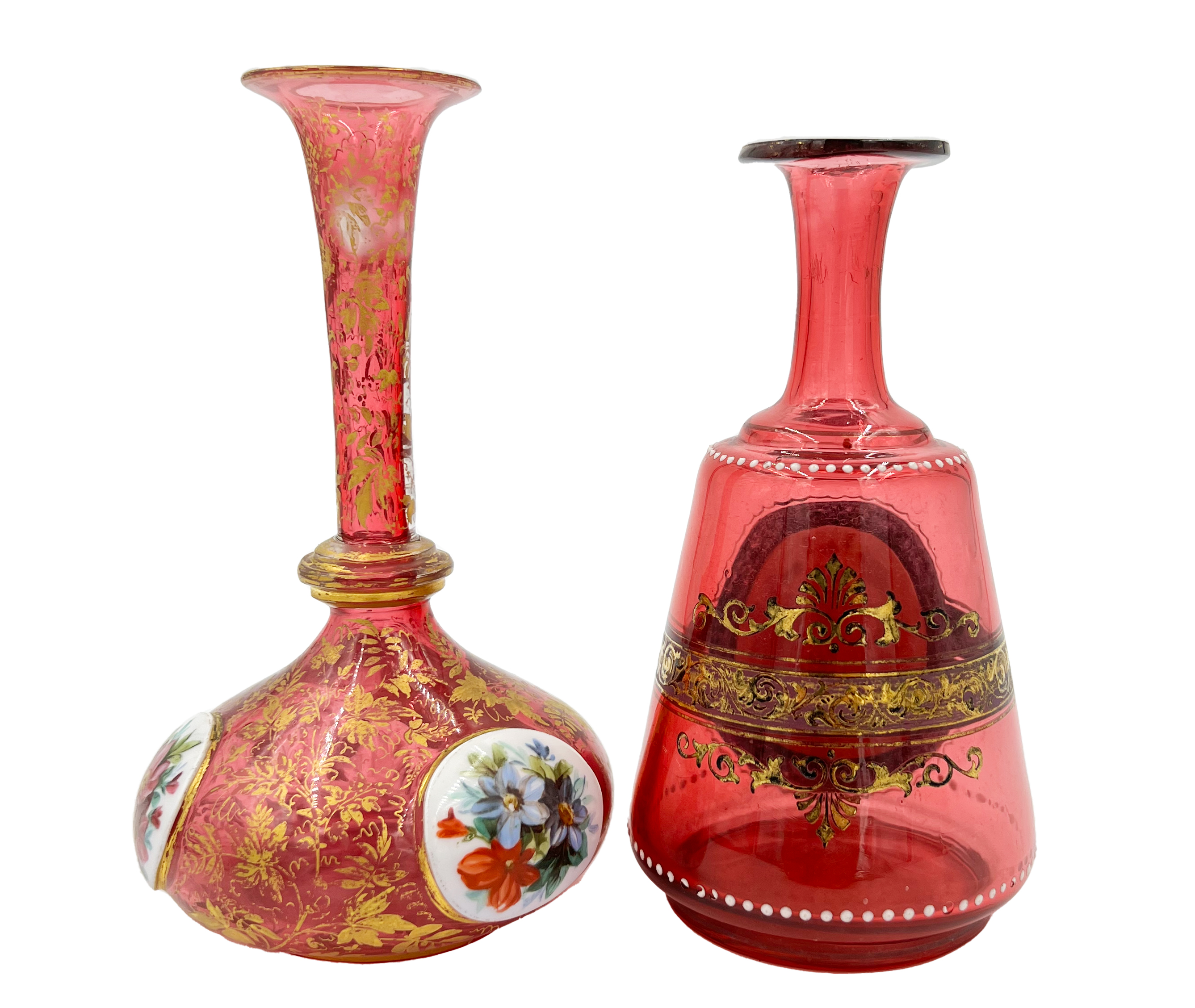 TWO RED BOHEMIAN GLASS VASES WITH OVAL PLAQUES, 19TH CENTURY - Image 2 of 3