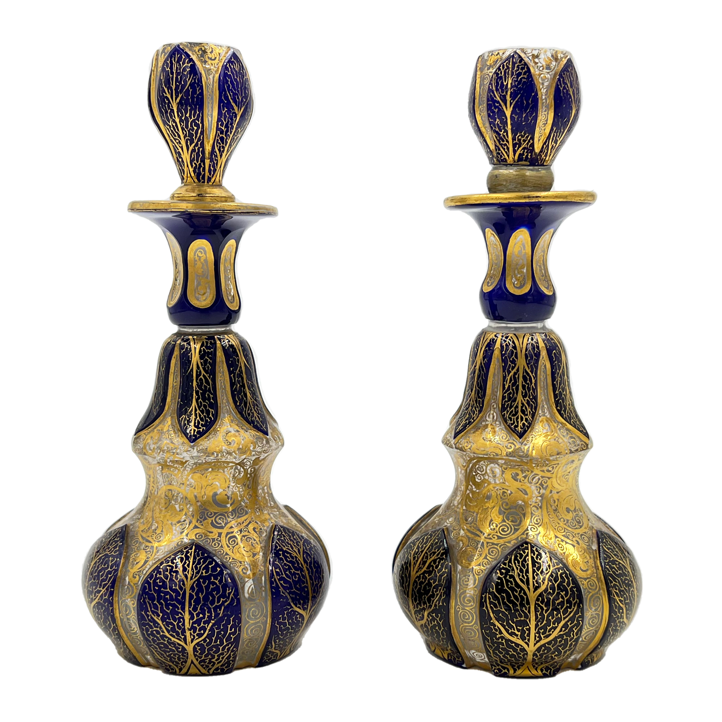 TWO BOHEMIAN GLASS PERFUME BOTTLES WITH BLUE AND GOLD GILDING