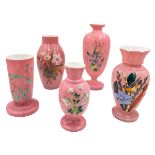 GROUP OF FIVE PINK OPALINE GLASS VASES