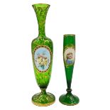 TWO BOHEMIAN GLASS VASES WITH HAND PAINTED OVAL PLAQUES, 19TH CENTURY