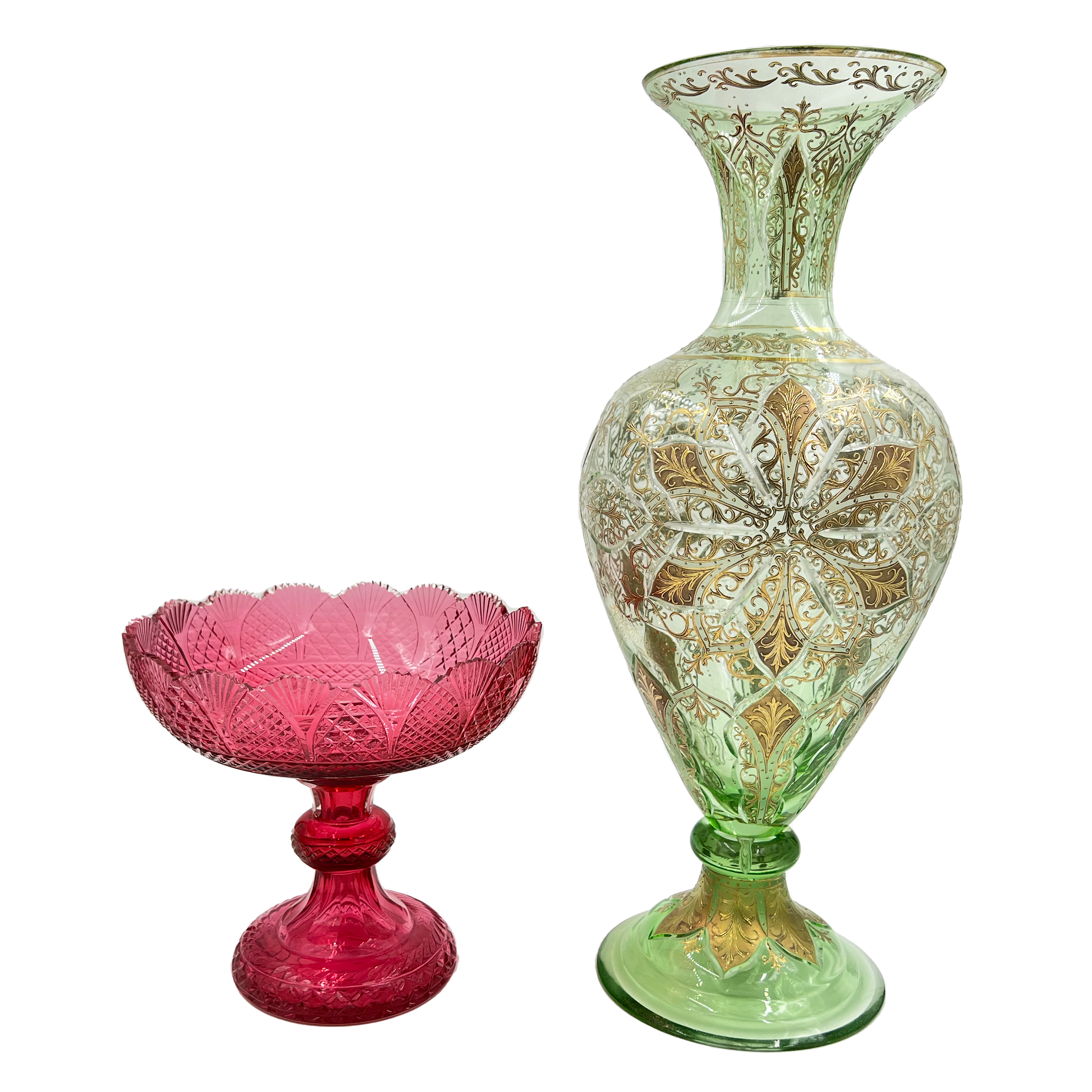 RUBY BOHEMIAN GLASS TAZZA AND LARGE GREEN GLASS VASE