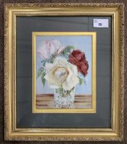 A. Rainford (British,19th century) Still life of roses in a vase, oil on ceramic plaque, signed