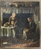 Victorian School, Interior scene depicting an elderly couple residing by a Fireplace and table,