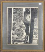 John Hopwood (British, b.1942), Interior scene with a seated gentleman sat by a longcase clock,