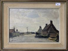 British School, 20th century, Village street view, oil on board, indistinctly signed, dated '59,
