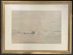 Albert Marks (British,1871-1941), Coastal waves crash the shoreline and a beached ship wreck,