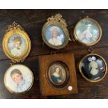 Group of six assorted oval / circular portrait miniatures in varying mediums including