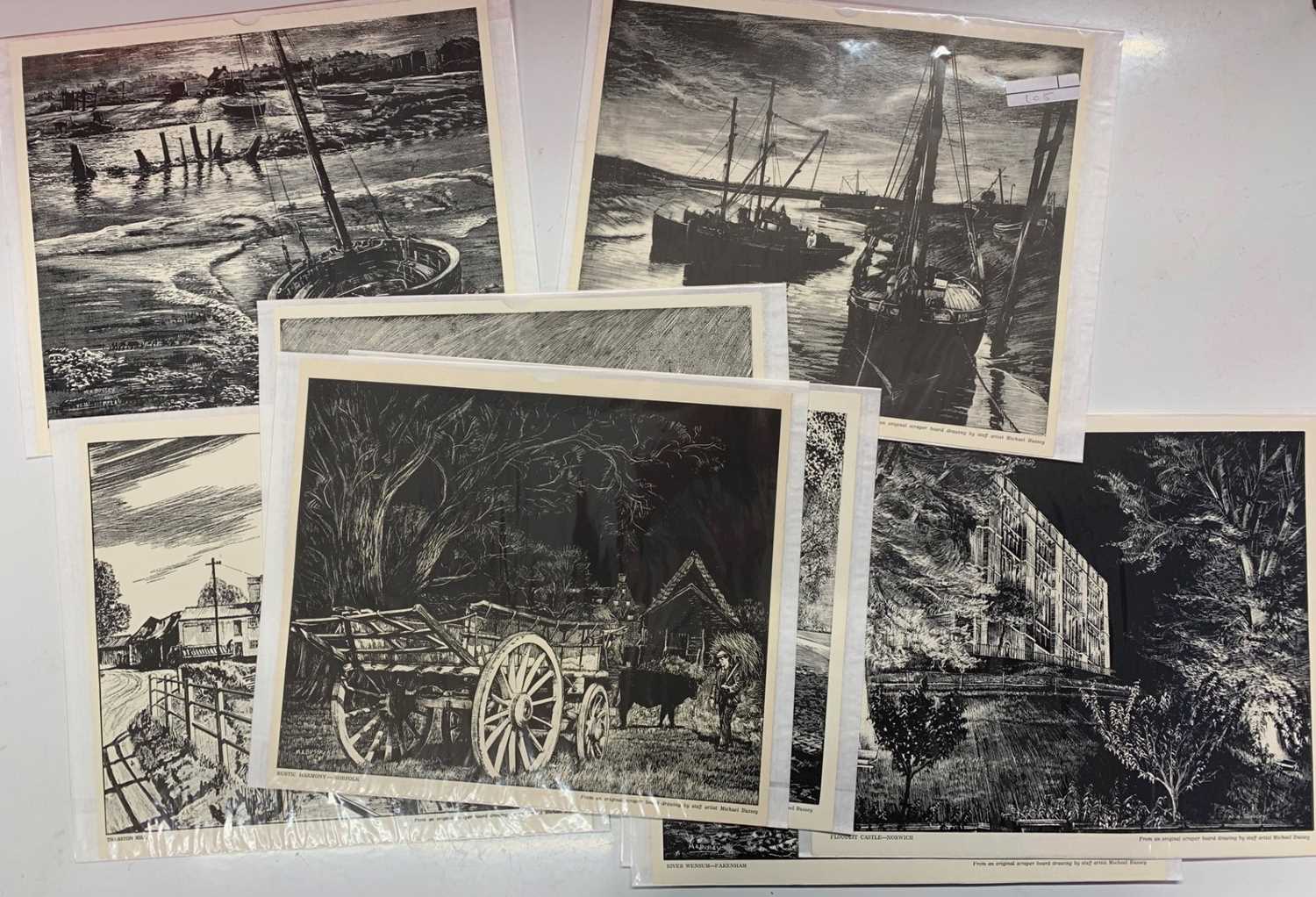 After Micheal A. Bussey (British, 20th century), 12 monochrome lithographs after the original