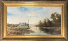 Charles Frederick Rump (1853-1924), A Broadland scene, oil on board, signed lower left, 22x42cm,