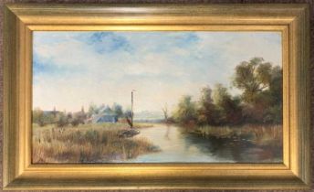 Charles Frederick Rump (1853-1924), A Broadland scene, oil on board, signed lower left, 22x42cm,