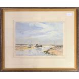 Doreen Allen - Low Tide, Brancaster Staithe, w/c, framed and glazed.