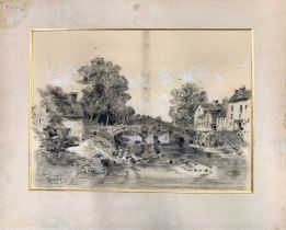 Follower of Alfred Stannard (1828-1885) view across a river and bridge, graphite heightened in