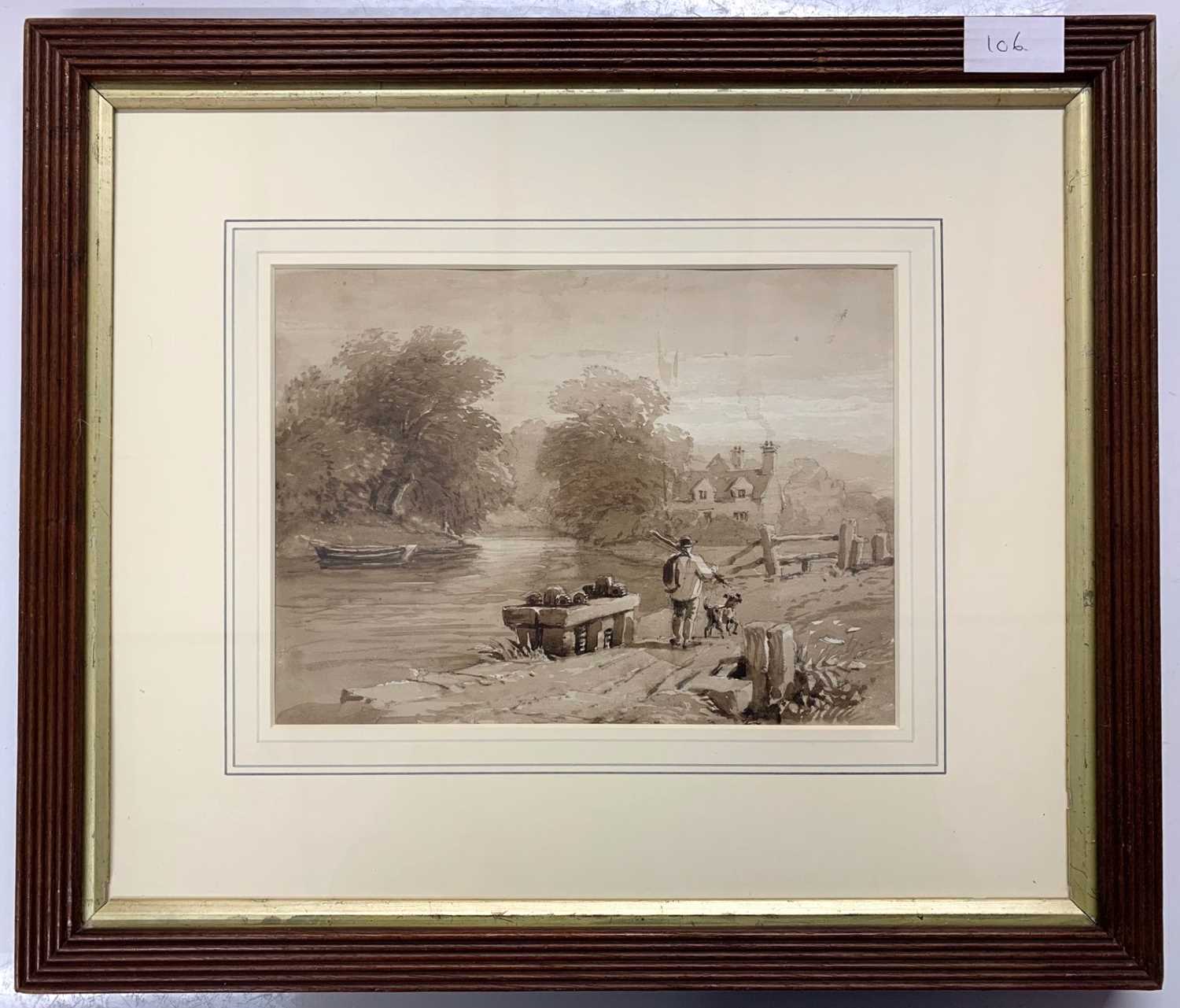 David Cox Jnr (1809-1885), Figure and hound walk the riverbank, sepia watercolour and pencil, Abbott