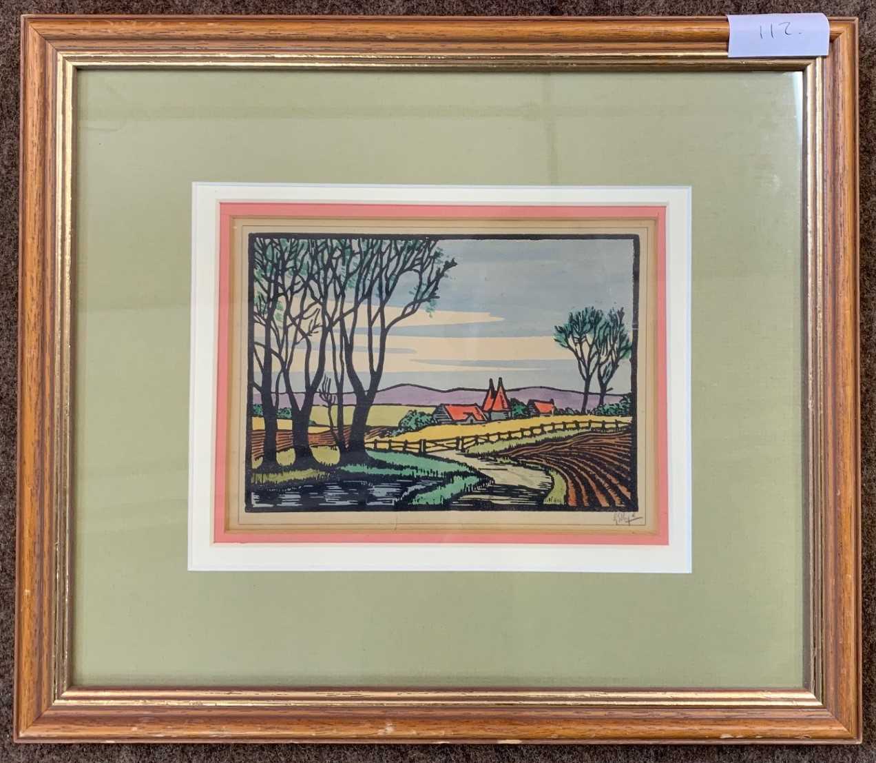 Graham Dudley Page (British, b.1905), hand coloured woodcut, signed in pencil, 12x16.5cm, framed and