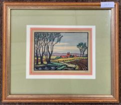 Graham Dudley Page (British, b.1905), hand coloured woodcut, signed in pencil, 12x16.5cm, framed and