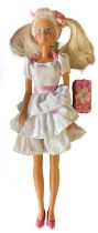 Party Girl Sindy (1989) In white dress with pink strawberry detail, pink belt, pink earrings and