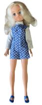 Spring Date Sindy (Pedigree, 1974) In blue and white geometric dress with long white sleeves and