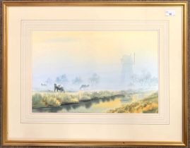 Adrian Wincup (British, contemporary), 'Broadland Misty Morning', watercolour, signed, 30x47cm,